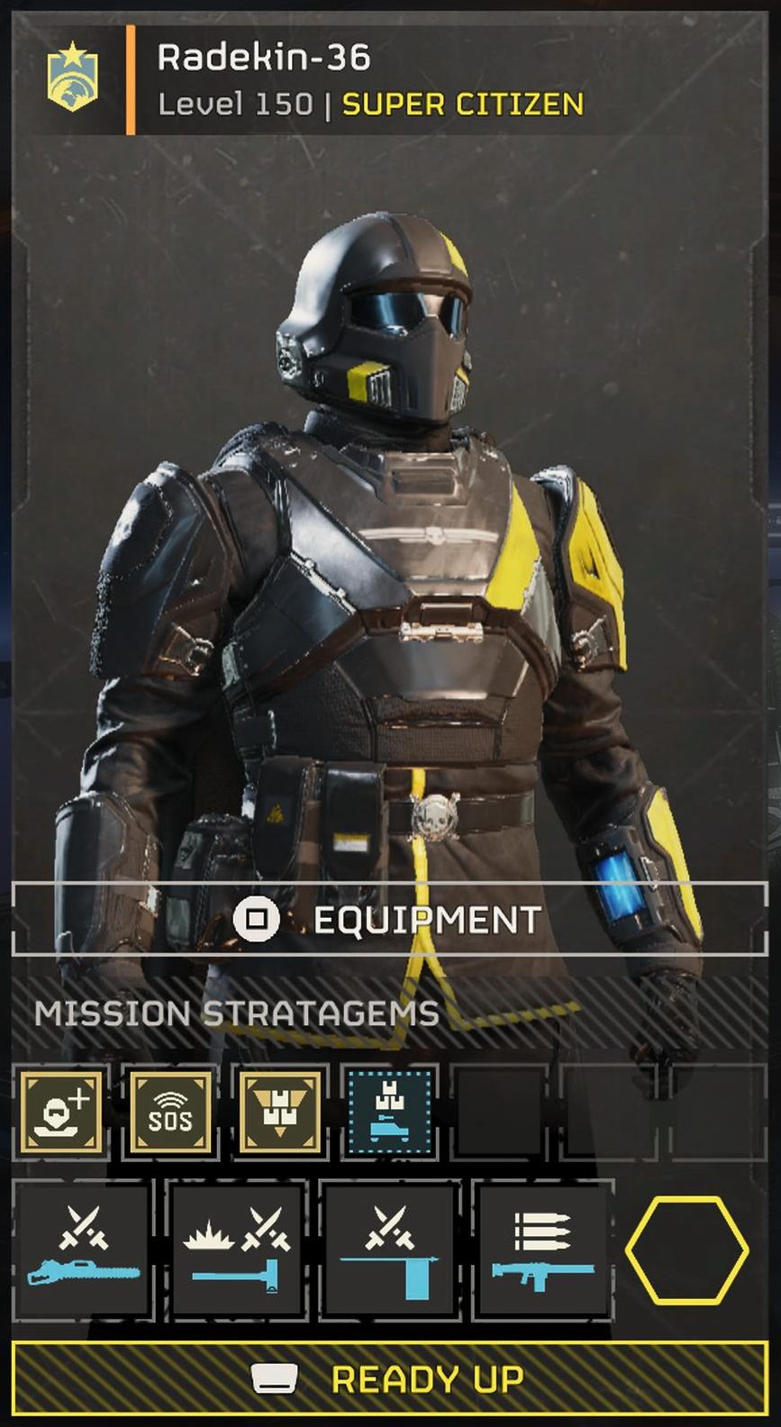 You must choose stratagems to be able to Ready Up. I suggest all Blue stratagems so they do not do anything if you call one by mistake.