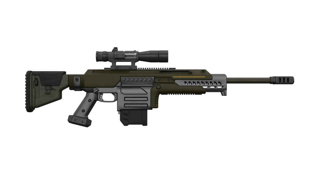 Digital illustration of a military sniper rifle with a scope, shown from the side, featuring a green and black color scheme.